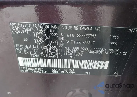 2016 Toyota Rav4 Le из США, поврежденный, VIN 2T3BFREV4GW484910